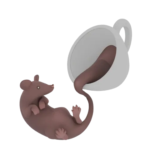 3D рендер милой коричневой мыши, лежащей на спине рядом с белой кофейной чашкой с выливающейся коричневой жидкостью.