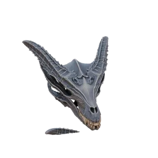 Детализированная 3D модель черепа дракона с острыми рогами и зубами, представленная на белом фоне.