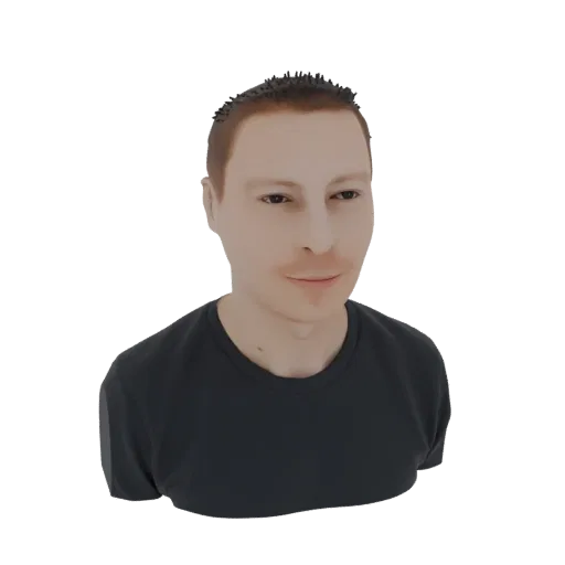 3D-рендер мужского бюста с короткими каштановыми волосами, реалистичной текстурой кожи, в темной футболке, на белом фоне.