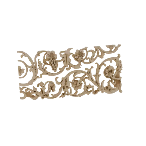 3D модель барочного цветочного свитка с листьями аканта и гроздьями винограда, в текстуре светлого дерева.