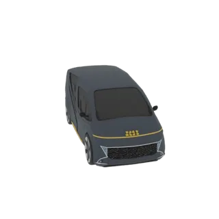 3D модель футуристичного темно-серого MPV с желто-белыми акцентами, вид спереди в три четверти.