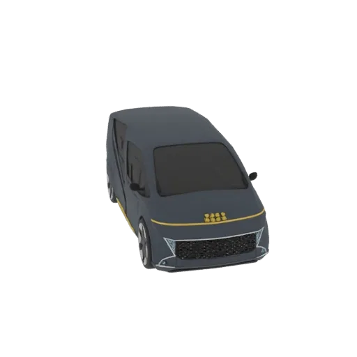 3D модель футуристичного темно-серого MPV с желто-белыми акцентами, вид спереди в три четверти.