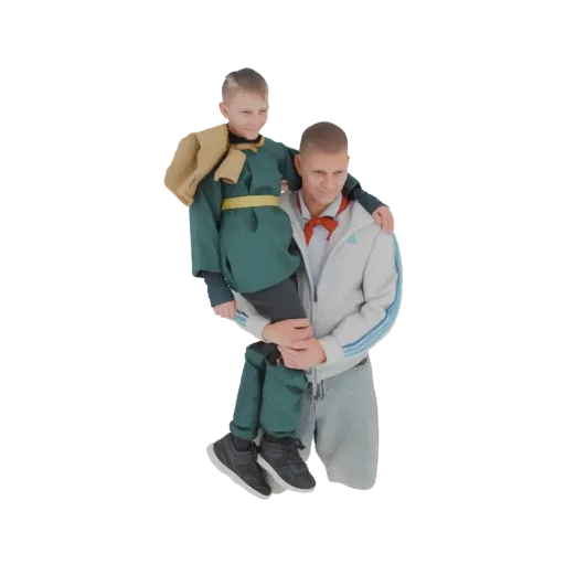 3D модель старшего брата, несущего младшего, оба улыбаются, с детализированной одеждой и позами.