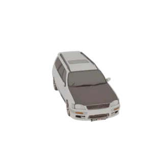 A 3D render of a white station wagon with a dark hood, viewed from a slightly elevated front-right angle.