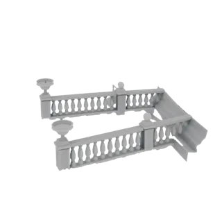 3D модель классической балюстрады с декоративными урнами и встроенными ступенями, рендеринг в сером цвете.