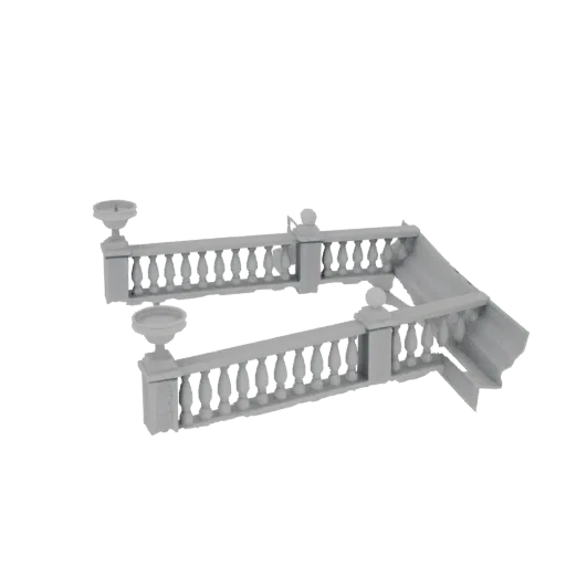3D модель классической балюстрады с декоративными урнами и встроенными ступенями, рендеринг в сером цвете.