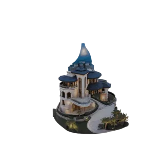 Рендер 3D модели неоклассической виллы с башенками с синими крышами, арочными балконами и извилистой подъездной дорогой с пал