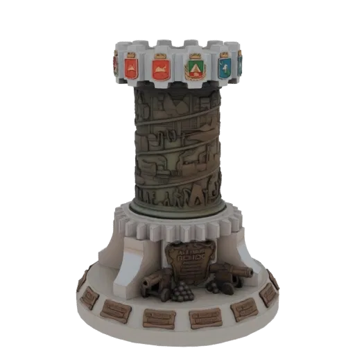 3D модель исторической башни с замысловатой резьбой и геральдическими гербами наверху на черном фоне.
