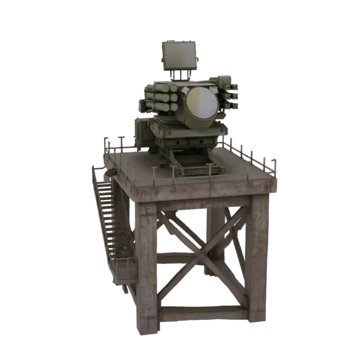 3D модель бетонной радиолокационной башни с системой ракетных установок, с детализированной радиолокационной антенной и ракет