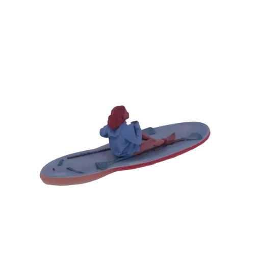 3D модель женщины с рыжими волосами в синем худи, сидящей на сапборде с веслом.