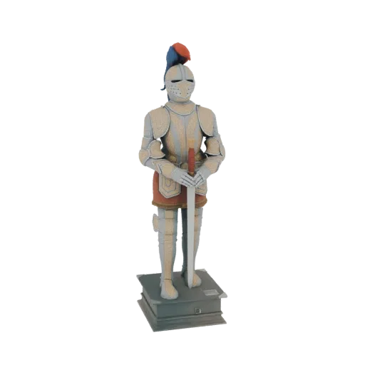 3D модель рыцаря в полных латах с мечом, стоящего на декоративной подставке.