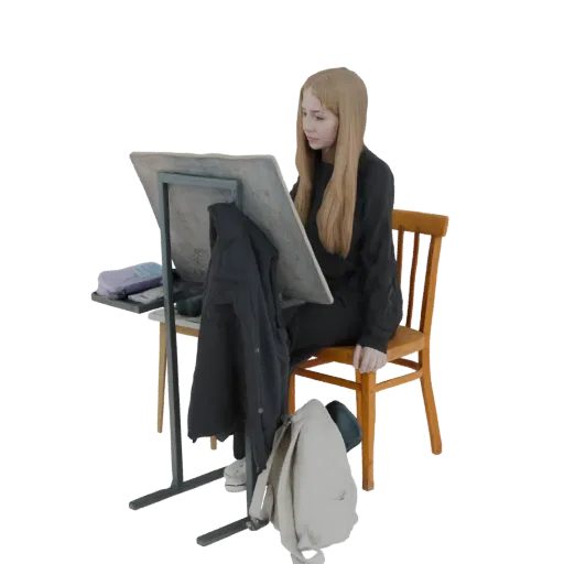 3D модель юной блондинки у мольберта, рисующей, с пальто и рюкзаком.