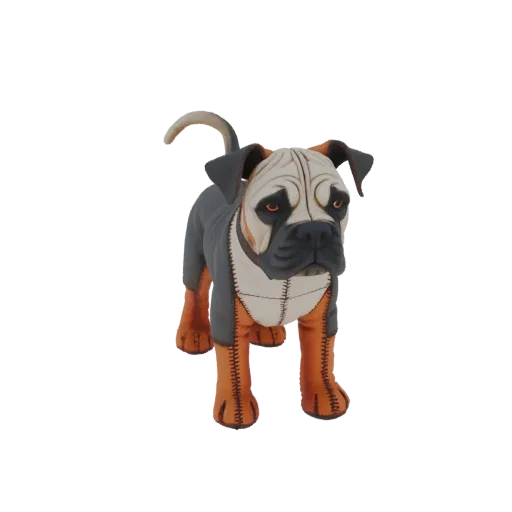 3D модель игрушечного бульдога с вышивкой, серого цвета, с кремовой мордой и оранжевыми лапами, смотрящего вперед с грустным