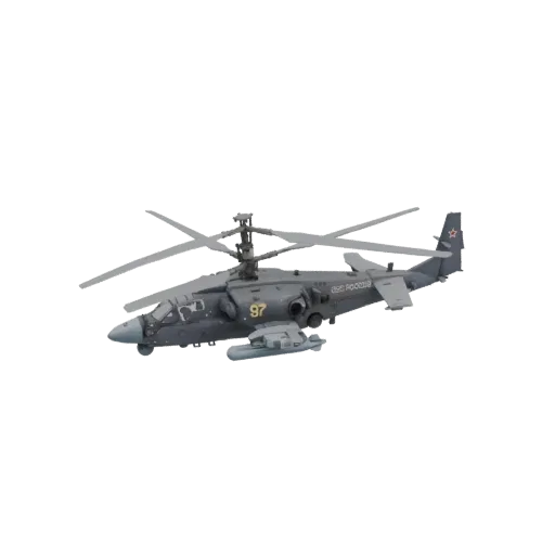 3D модель ударного вертолета Камов Ка-50 'Черная акула', вид сбоку с развернутыми несущими винтами.