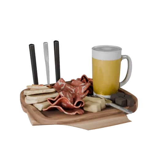 Реалистичная 3D-модель доски для пикника с закусками, студийный рендер в три четверти, показывающий керамику, расположенную д