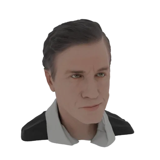 3D рендер реалистичного мужского бюста с темными волосами и воротником светлой рубашки, вид сбоку.
