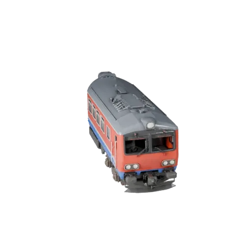 3D модель поезда, вид в студии в три четверти, готовый для Blender актив транспортного средства с рельсовым профилем, расстоя