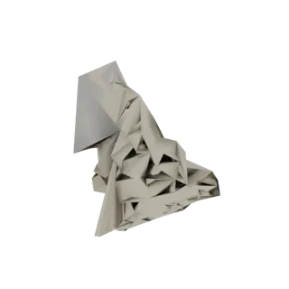 3D-модель скульптуры из мятой бумаги, демонстрирующая острые складки и абстрактные геометрические формы на белом фоне.