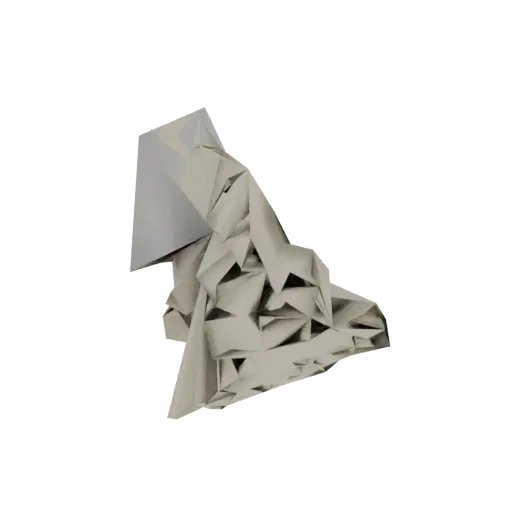 3D-модель скульптуры из мятой бумаги, демонстрирующая острые складки и абстрактные геометрические формы на белом фоне.