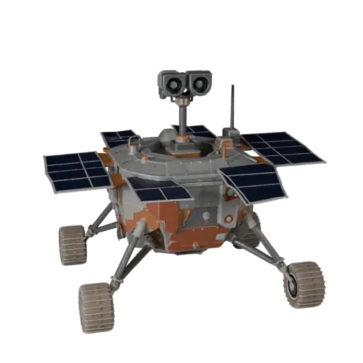 Стилизованная 3D-модель марсианского лунного модуля, стилизованный изометрический рендер, показывающий пыльные колеса, положе