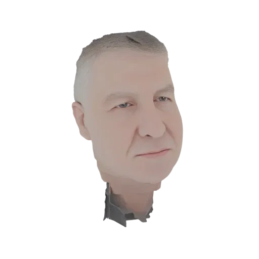 3D-модель головы мужчины, сгенерированная ИИ, с короткими седыми волосами и нейтральным выражением лица.