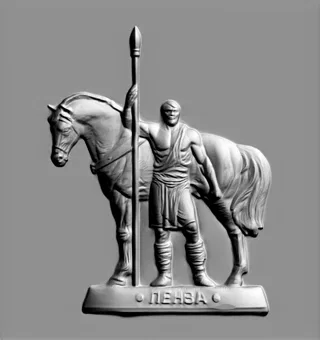 3D модель барельефа всадника с копьем и лошадью, с надписью Пенза на основании