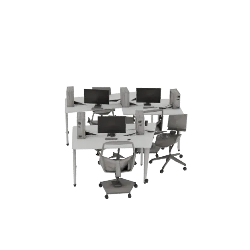 3D модель компьютерного класса с рядами столов, мониторами, системными блоками и офисными креслами