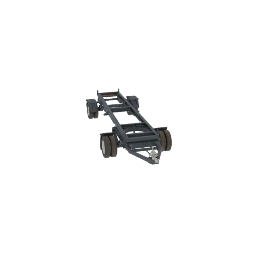 3D модель темно-серого шасси тяжелого прицепа с двумя осями и сдвоенными колесами, показанная под слегка приподнятым углом.