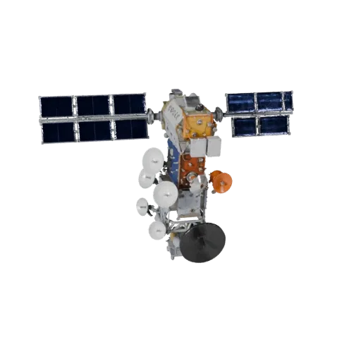 3D-модель спутника связи GLB, рендер AR-просмотрщика в три четверти, показывающий солнечные панели.