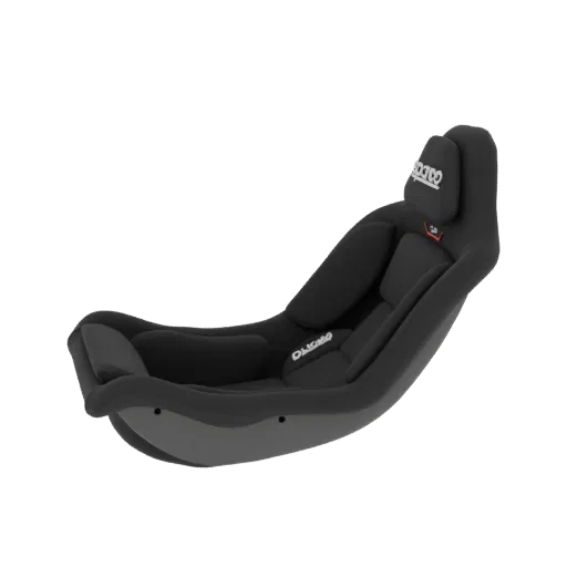3D модель черного гоночного ковшеобразного сиденья с брендингом Sparco, показанная сбоку на белом фоне.
