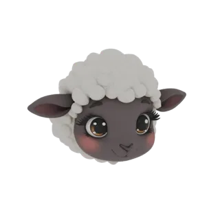 A 3D render of a cute cartoon sheep head with fluffy white wool, large brown eyes, and rosy cheeks, against a white backgroun