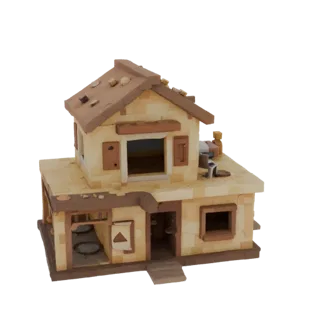 3D модель двухэтажного пустынного домика в стиле Roblox с открытой дверью и окнами, на белом фоне.
