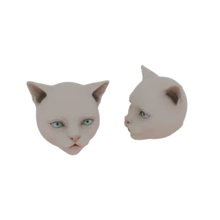 3D модель стилизованной головы кошки, показанная спереди и сбоку, с большими голубыми глазами и бледным окрасом.