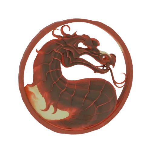 3D модель культового логотипа дракона Mortal Kombat с головой дракона в красно-золотых тонах внутри круглого герба.
