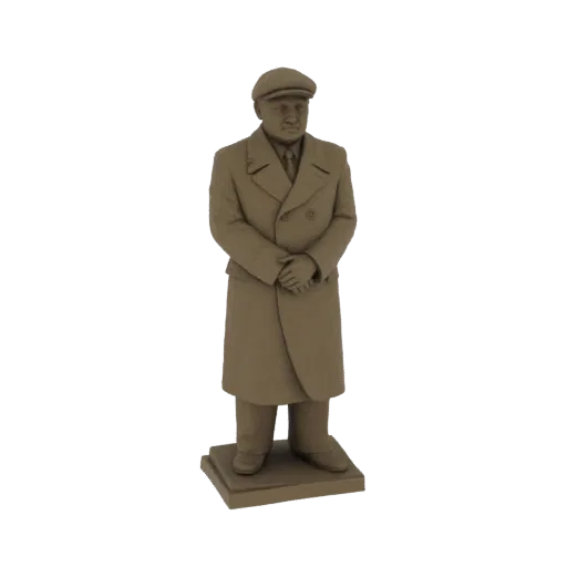 Рендер 3D модели мужчины в плаще и кепке, стоящего на основании со сцепленными руками.