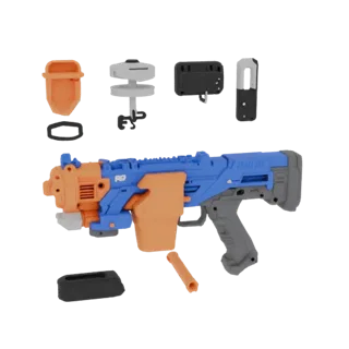 3D модель бластера Rotofury Nerf с аксессуарами, включая основной бластер, оранжевые и серые детали, а также дополнительные э