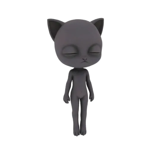 3D рендер серого стилизованного кота с закрытыми глазами и сердитым выражением, стоящего на белом фоне.