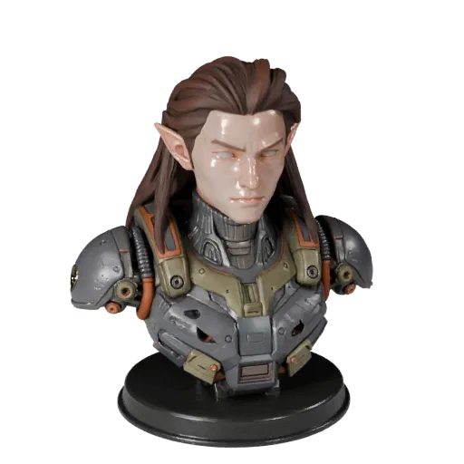 Высокополигональная 3D-модель бюста фэнтезийного робота, предпросмотр с лицевыми плоскостями, студийный вид крупным планом, с