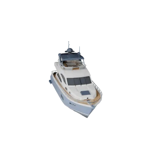 Низкополигональная 3D-модель яхты, вид из игрового окна в три четверти, низкополигональный актив транспорта с формой корпуса,
