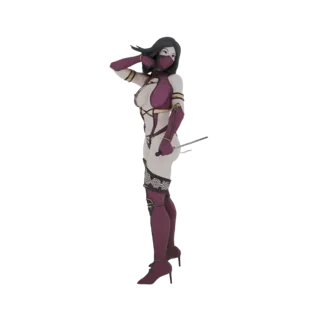 3D model of Mortal Kombat's Mileena in a dynamic pose, holding sai, wearing her iconic purple and white outfit.