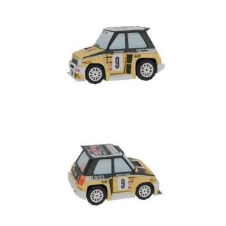 3D-рендер желтого раллийного автомобиля с черными гоночными полосами и спонсорскими декалями, с номером 9.