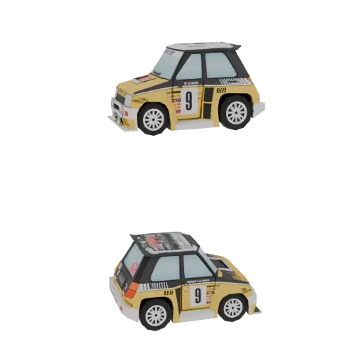 3D-рендер желтого раллийного автомобиля с черными гоночными полосами и спонсорскими декалями, с номером 9.