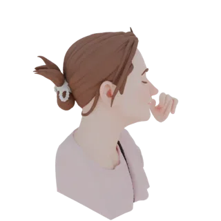 3D модель молодой женщины с каштановыми волосами в хвосте, с закрытыми глазами, рукой у рта, в розовой рубашке, задумчивый ви