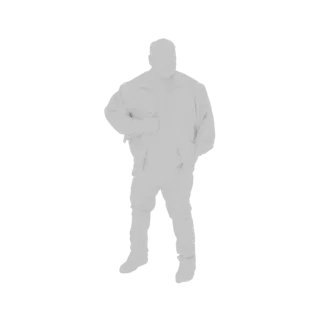 3D model of a man standing, wearing a gray puffer jacket and jeans, with hands in pockets.