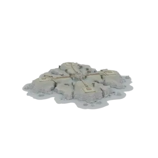 3D модель древней островной крепости со скалистой местностью, каменными зданиями и тропами, вид под небольшим углом сверху.