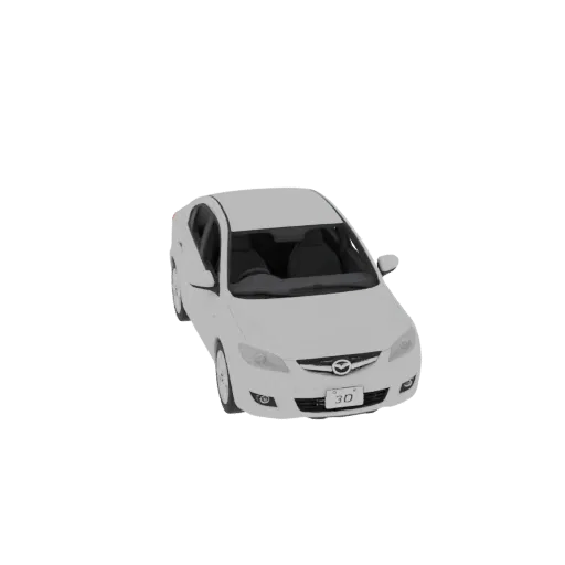 Белая 3D модель Mazda 3 BM Sedan, вид спереди справа под небольшим углом на белом фоне.