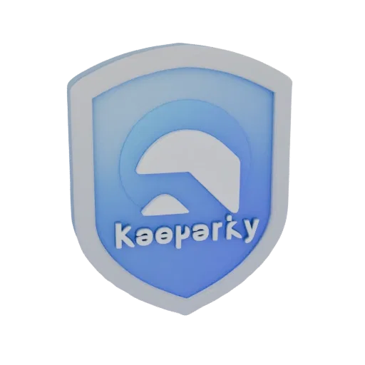 3D модель логотипа Kaspersky в виде синего щита с белым элементом и надписью "Kasparky"