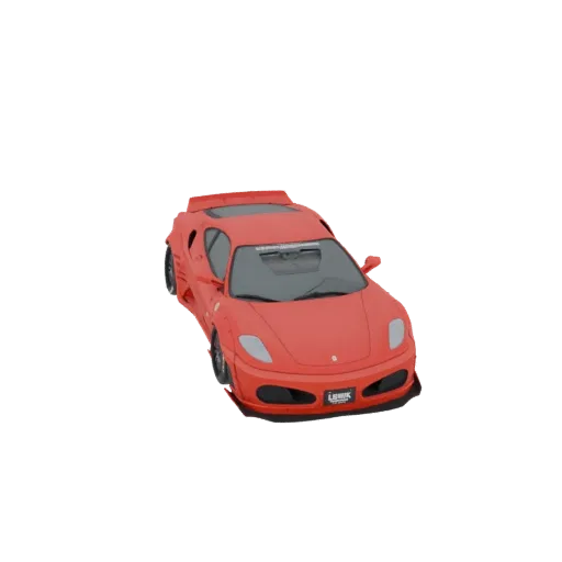 3D рендер красного гоночного автомобиля Ferrari F430 GT3 с большим задним антикрылом и агрессивным обвесом, вид спереди в три