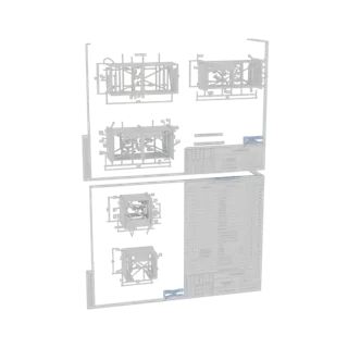 3D model of a technical blueprint with a model kit assembly, showing intricate details and components.