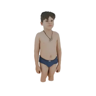 3D модель мальчика с темными волосами, в синих плавках и с кулоном, стоящего с опущенными руками.